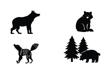 Black silhouette animals and trees with fox bear text