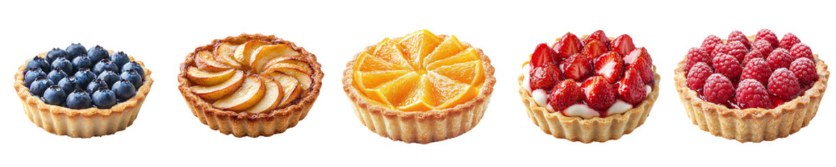Set of tasty tarts with different fillings isolated on transparent background PNG