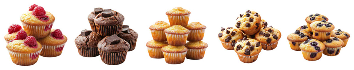 Set of tasty cupcakes with different fillings isolated on transparent background PNG