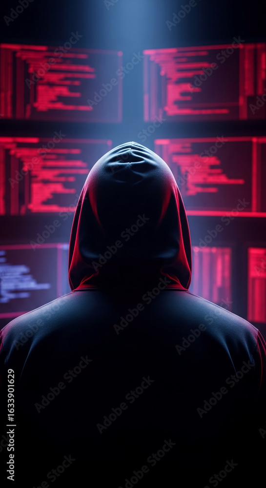 Canvas Prints hooded figure backlit by red and blue computer screens, symbolizing anonymity, hacking, cybersecurit
