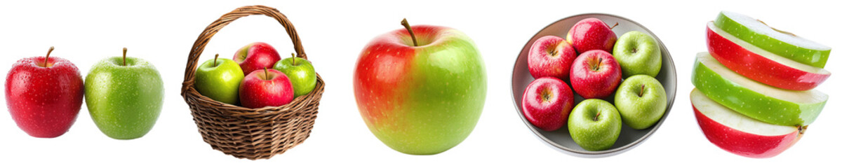 Set of ripe tasty red and green apples isolated on transparent background PNG