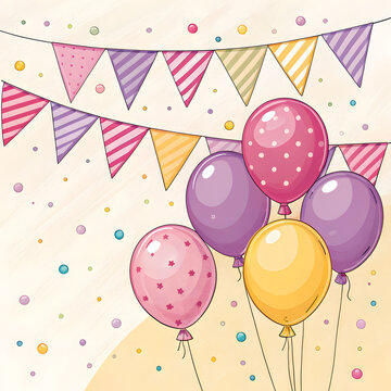 happy birthday flags and balloon scard background