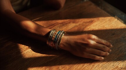 A close-up of a woman's hand with multiple colorful bracelets resting on a wooden table, bathed in warm sunlight.
