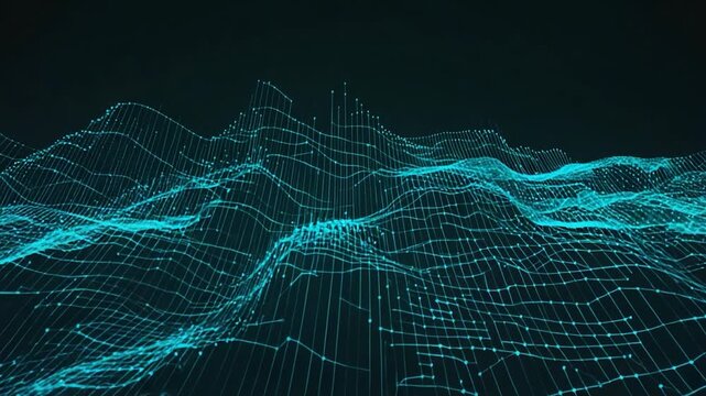 Abstract network of turquoise lines and points on a dark background, creating a textured, undulating surface