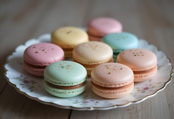Fototapeta premium Close-up of assorted colorful macarons arranged on a light background. 