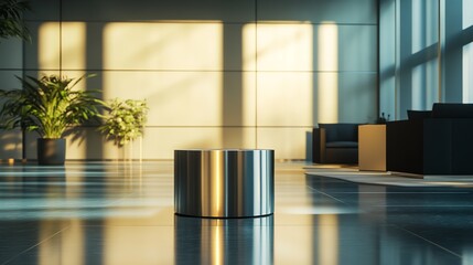 A modern office space with plants on a desk and a blurred background featuring city lights indoors