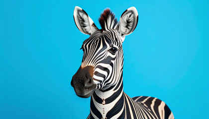 Portrait of zebra against vibrant blue backdrop. Wild animal.