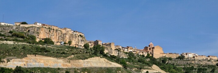 Panoramic view of Moros village rising on a cliff in Zaragoza, Spain