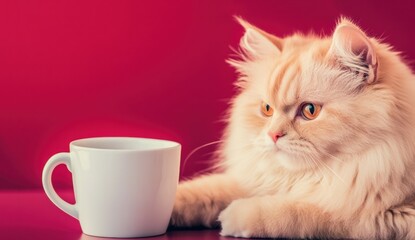 Fluffy cat resting beside a white cup on a vibrant background