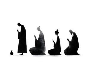 Four monks in robes meditate together with a small cat in a minimalist ink wash painting illustration.