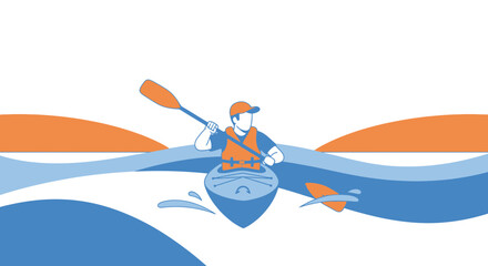 Man Enjoying Kayaking Adventure on River During Sunny Day Landscape