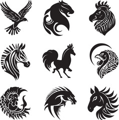 Obraz premium A set of black and white animal silhouettes of birds, horses, and fish in a tribal design