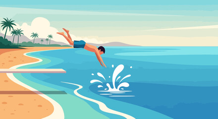 Man Enjoying Summer Vacation Diving Into Clear Blue Ocean From Diving Board