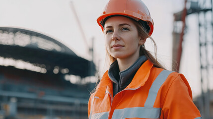Confident female construction worker wearing orange safety jacket and helmet stands construction site with partially built structure background. image conveys professionalism and determination