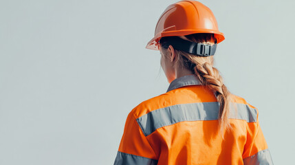 Woman wearing orange safety jacket and hard hat is seen from behind, with her hair braided. image conveys sense of professionalism and safety in work environment