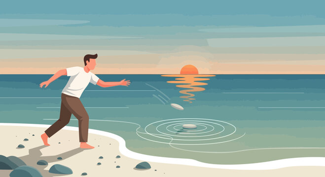 Man Enjoying Sunset Throwing Rocks into the Sea Recreation Moment Graphic