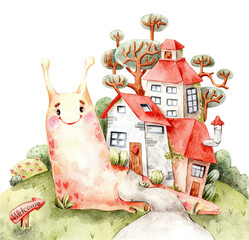 Cute watercolor illustration of a smiling snail with tiny houses on its back. Cozy countryside scene with whimsical trees and a welcome sign. Soft colors and fairy tale mood.