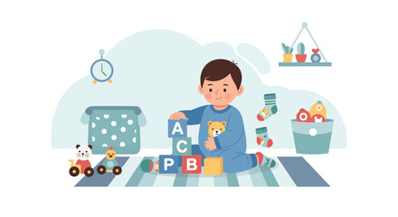 Little Boy Playing with Alphabet Blocks In Playroom Illustration