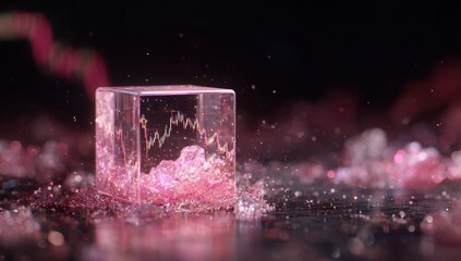 Fototapeta premium Transparent cube, stock chart, pink crystals