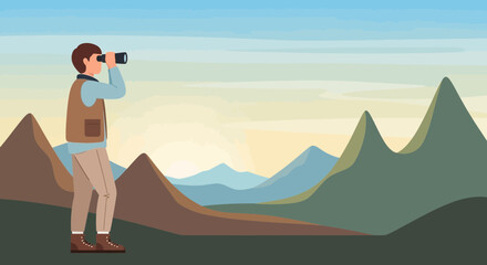 Fototapeta premium Man Looks Through Binoculars At Distant Mountains For Adventure Traveling