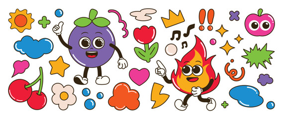 Cute cartoon groovy element vector. Collection of cartoon characters, doodle smile face, flower, fire, mangosteen, cherry, cloud, sun, apple. Retro groovy hippie design for decorative, sticker.