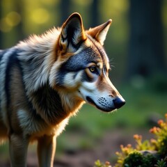 Fototapeta premium Gray wolf intently listening to music from portable speaker, scenery, wild, canine