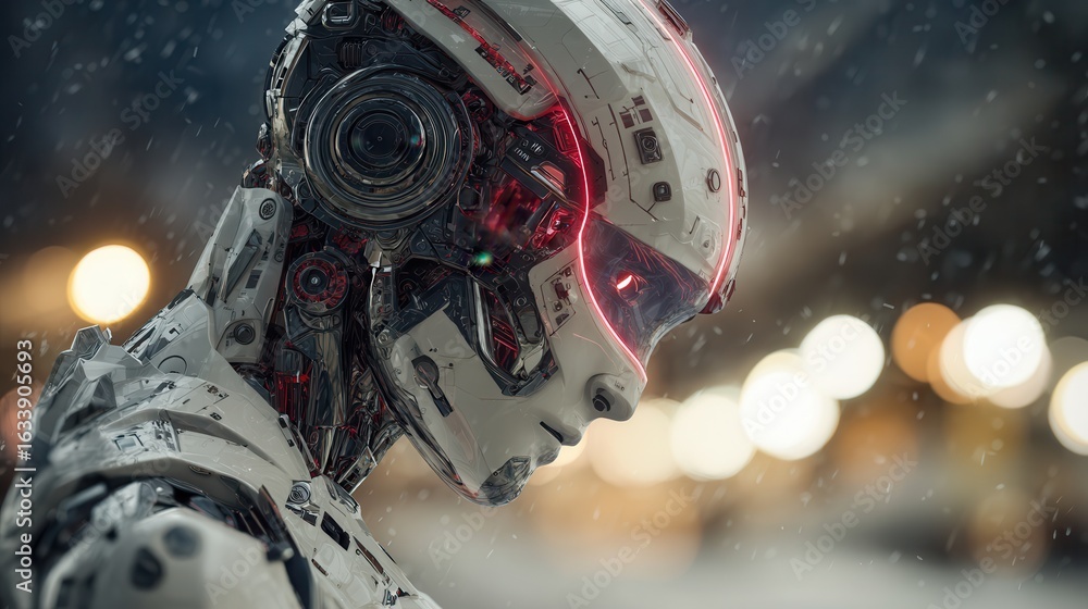 Poster robot figure with intricate design stands in a snowy urban environment during nighttime