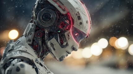 Fototapeta premium Robot figure with intricate design stands in a snowy urban environment during nighttime