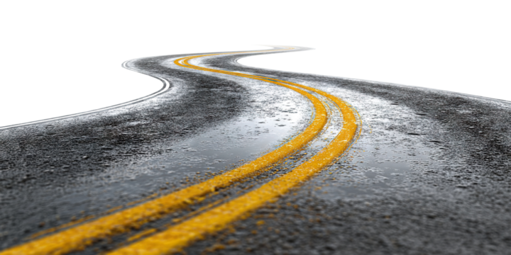 Winding wet asphalt road with yellow lines, isolated on transparent cutout background