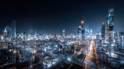 Fototapeta premium City skyline illuminated at night with glowing skyscrapers and a vibrant urban atmosphere