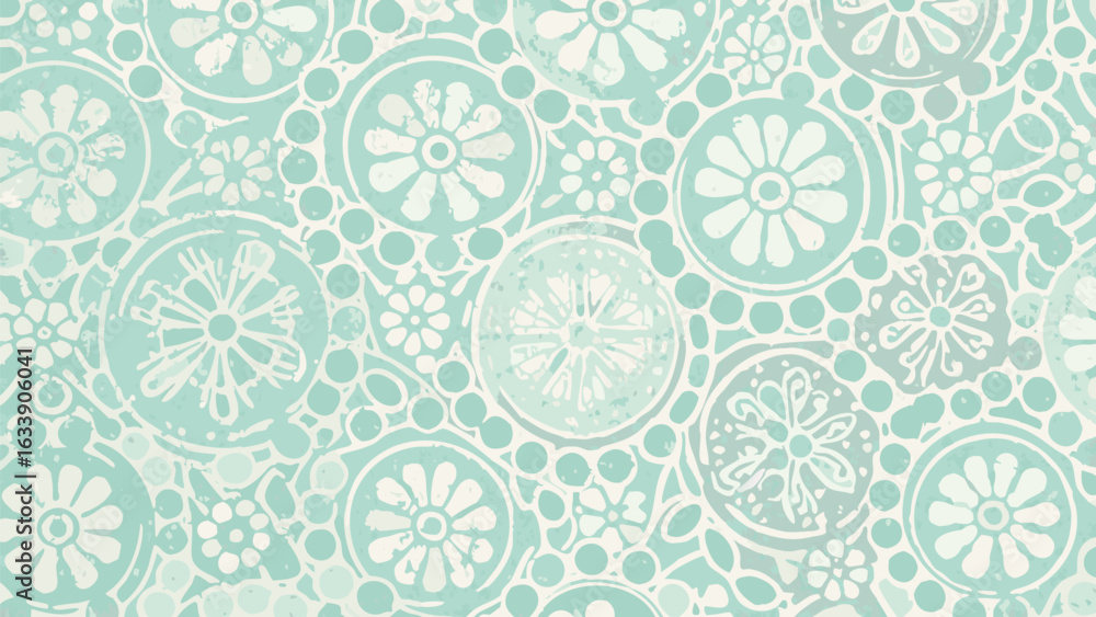 Poster floral pattern with circles and flowers in a light turquoise and white color scheme design element