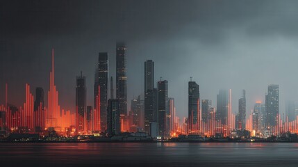 Fototapeta premium City skyline illuminated by vibrant red lights during twilight hours with reflective water surface