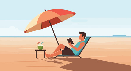 Man Relaxing On Sandy Beach With Drink And Book In Summer Time