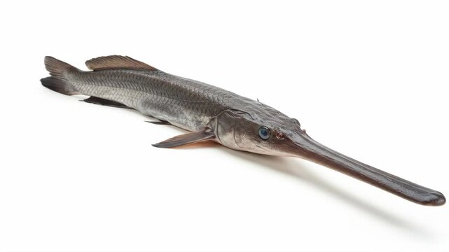Freshly Caught Longnose Gar Fish on White Background - A whole, raw longnose gar fish is presented against a clean white backdrop.