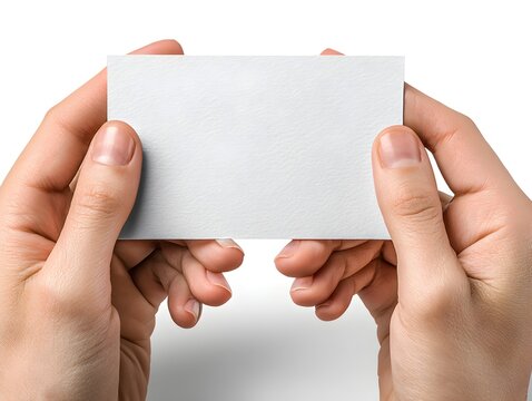 Hands carefully hold a blank white business card against a stark white background in clear studio light.