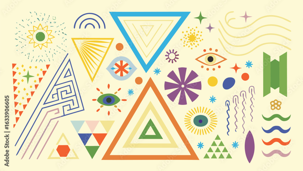 Poster abstract geometric pattern with triangles eyes stars suns and wavy lines on a light yellow backgroun