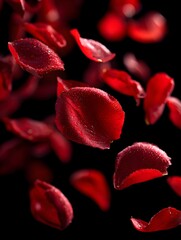 Vivid red rose petals delicately fall against a stark black backdrop in a visually stunning composition.