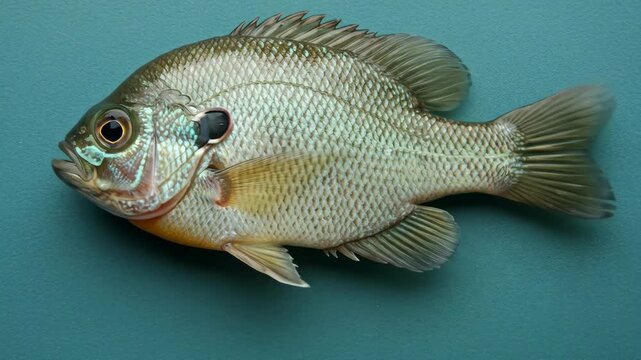 Green Sunfish on Teal Background - A close-up shot of a green sunfish lying on a teal surface. The fish's scales, fins, and eye are clearly visible, showcasing its detailed texture and coloration.