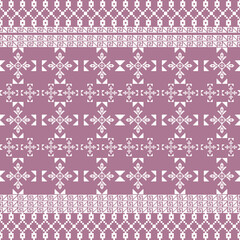 Beautiful traditional damask pattern in pixel art style, featuring geometric floral motifs in white on a purple background, perfect for textiles, fabric prints, wallpapers, and decorative designs..