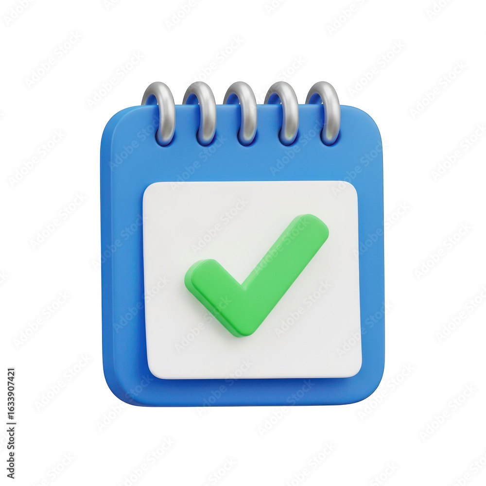 Poster 3d icon of blue calendar with a green check mark isolated on transparent background