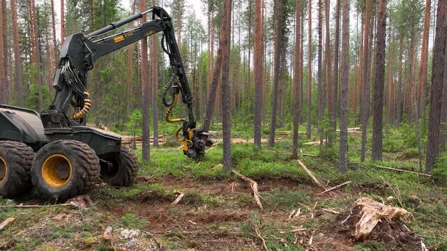 Harvesting trees in the forest using a logging machine. Deforestation . Quadcopter