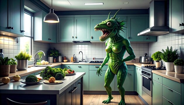 A green humanoid reptile stands in a modern kitchen, seemingly surprised or startled, amidst fresh produce on the counter
