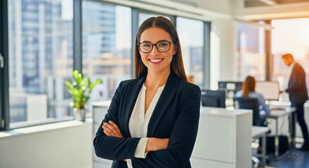 Confident businesswoman with glasses smiles, arms crossed in bright modern office setting, professional success.