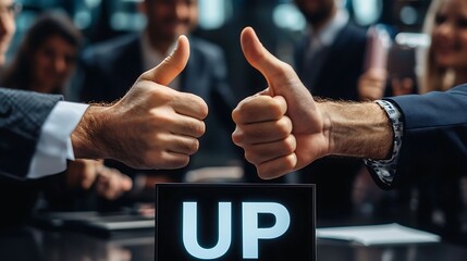 Two thumbs up gesture above "UP" sign, business meeting setting