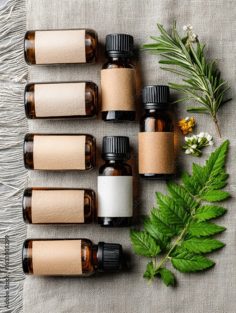 Poster essential oils arranged on a soft textured surface with fresh herbs displaying their natural beauty 