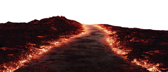 Fiery path glowing with lava cracks through dark terrain, isolated on transparent cutout background