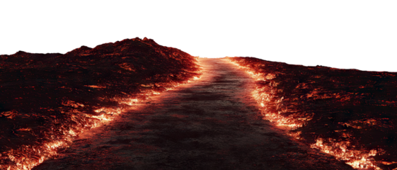 Fiery path glowing with lava cracks through dark terrain, isolated on transparent cutout background