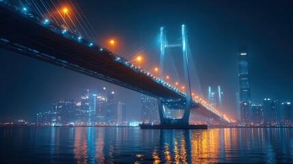 Obraz premium Brightly lit bridge spans across a river in a vibrant city at night showcasing stunning urban architecture