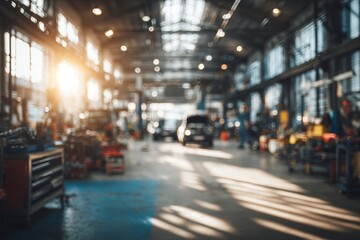 Blurred, sunlit auto repair shop