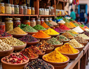 Colorful spice market displays rows of vibrant herbs and seasonings in traditional bowls, creating an aromatic and culturally rich shopping experience.